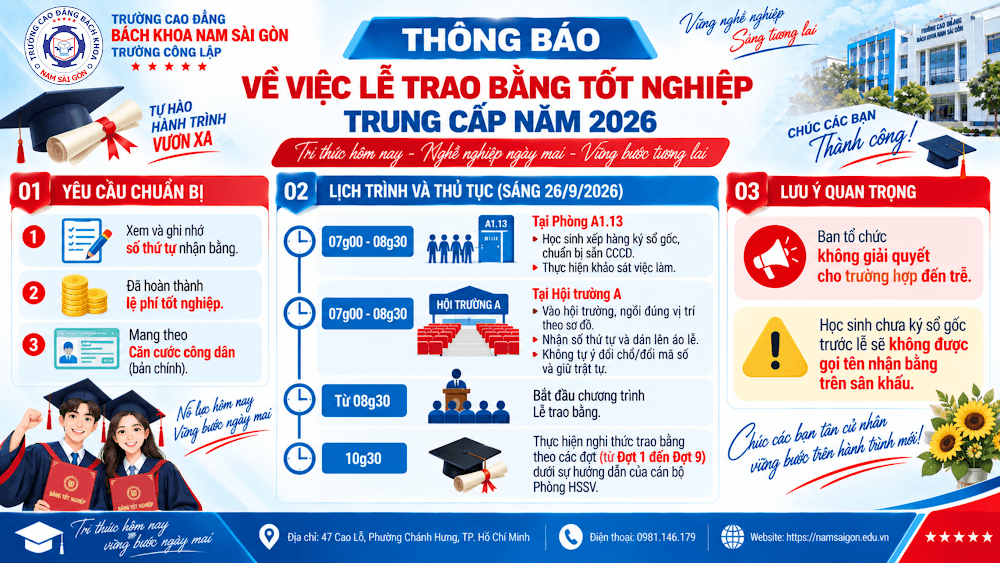 Thông báo về việc Lễ trao bằng tốt nghiệp trung cấp năm 2026 ngày 26/9/2026